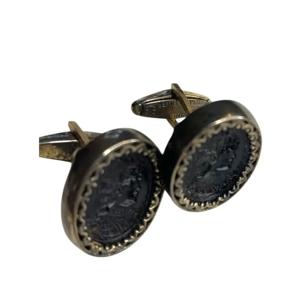 Vintage Signed DaVinci Cufflinks Intaglio Carved Soldier Bullet Back